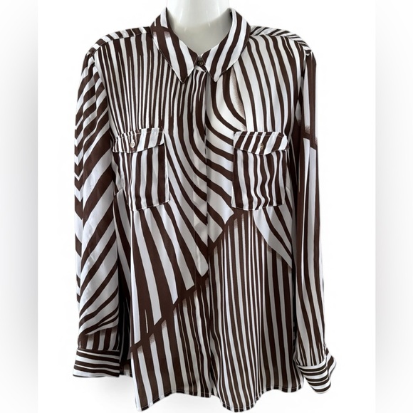 Striped Brown and White Women's Button-Up Shirt - Picture 2 of 12